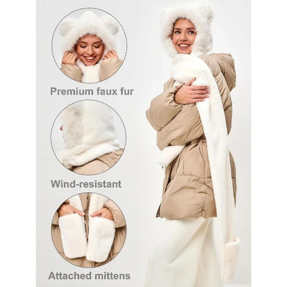 Kids White Faux fur Cute Cat Ears Winter Hat, 3 in 1 Plush Animal Hat Imported